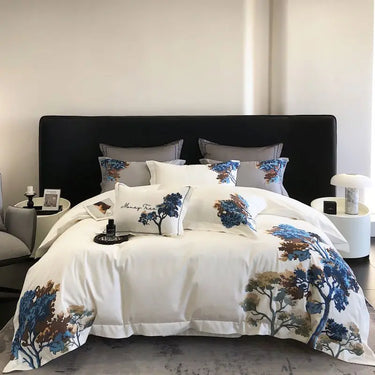 White Luxury Art Printed Embroidered Egyptian Cotton 1000TC Bedding Set